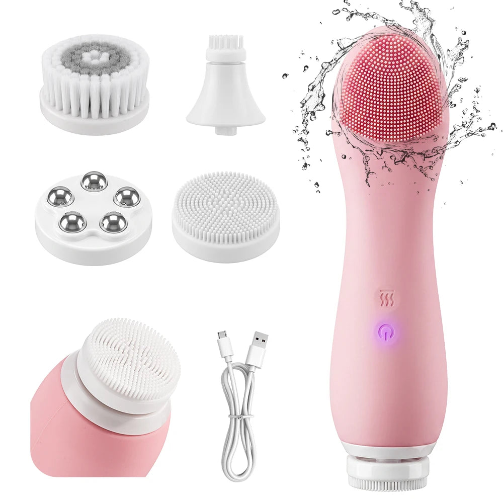 Waterproof Facial Cleansing Brush for Men & Women Rechargeable Exfoliating Face Scrubber Cleanser Brush with 4 Cleanser Heads