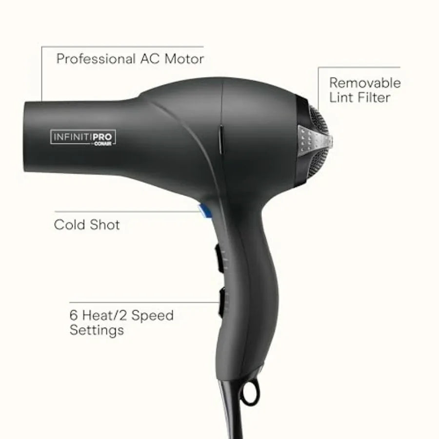 Hair dryer for professional use, ceramic-tourmaline material, gray color, with diffuser, concentrator and blowout brush, AC mot