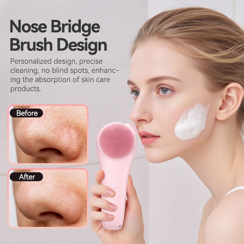 Silicone Face Scrubber, Waterproof Rechargeable Facial Cleansing Brush, 5 Cleansing Modes with Nose Brush for Women & Men Electr