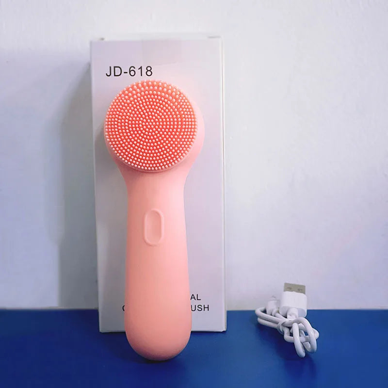 Silicone Face Scrubber Electric Facial Cleansing Brush with Heating Vibration Waterproof Face Wash Brush with 5 Speed Adjustable