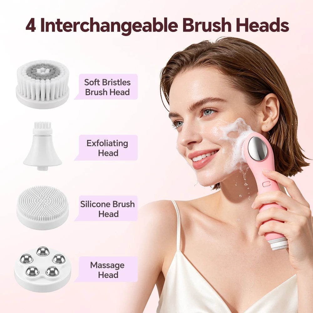 Waterproof Facial Cleansing Brush for Men & Women Rechargeable Exfoliating Face Scrubber Cleanser Brush with 4 Cleanser Heads