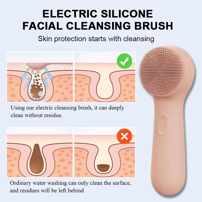 Silicone Face Scrubber Electric Facial Cleansing Brush with Heating Vibration Waterproof Face Wash Brush with 5 Speed Adjustable