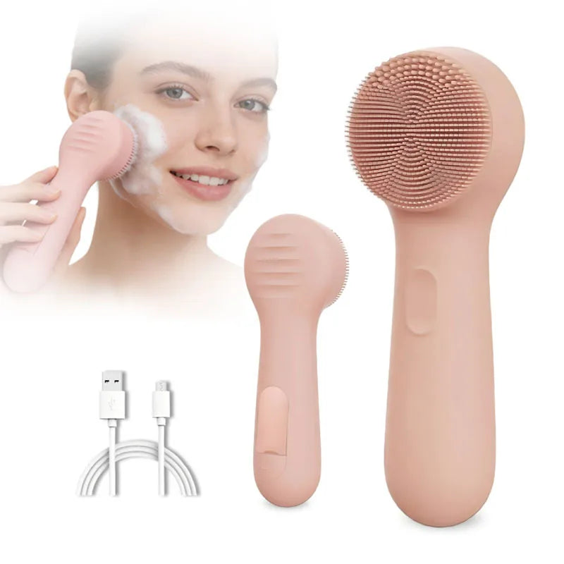 Silicone Face Scrubber Electric Facial Cleansing Brush with Heating Vibration Waterproof Face Wash Brush with 5 Speed Adjustable
