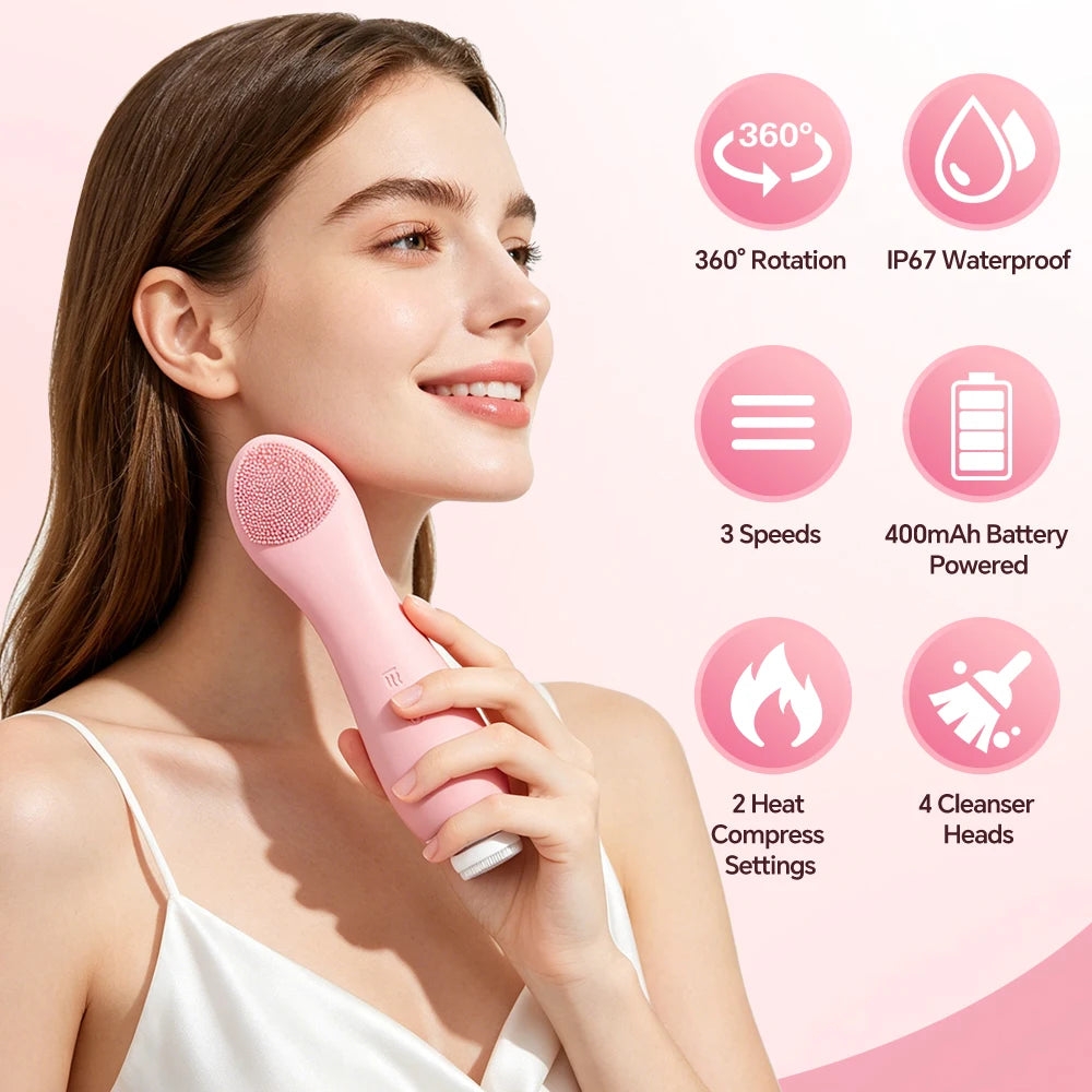 Waterproof Facial Cleansing Brush for Men & Women Rechargeable Exfoliating Face Scrubber Cleanser Brush with 4 Cleanser Heads