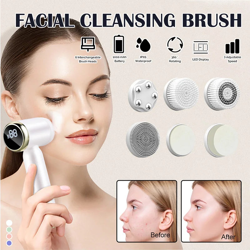 Electric Facial Cleansing Brush With Led Display Sonic Vibration Technology 3 Speed Modes, Exfoliator Ultrasonic Deep Cleansing