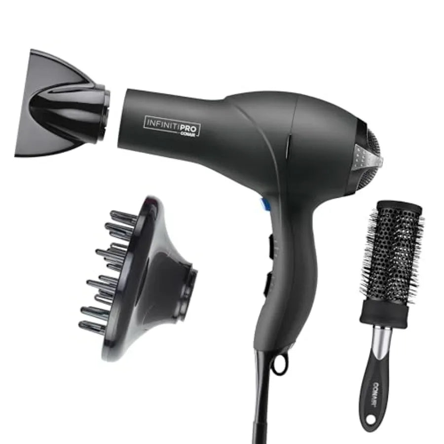 Hair dryer for professional use, ceramic-tourmaline material, gray color, with diffuser, concentrator and blowout brush, AC mot