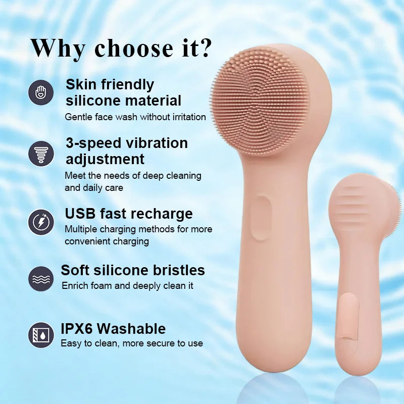 Silicone Face Scrubber Electric Facial Cleansing Brush with Heating Vibration Waterproof Face Wash Brush with 5 Speed Adjustable